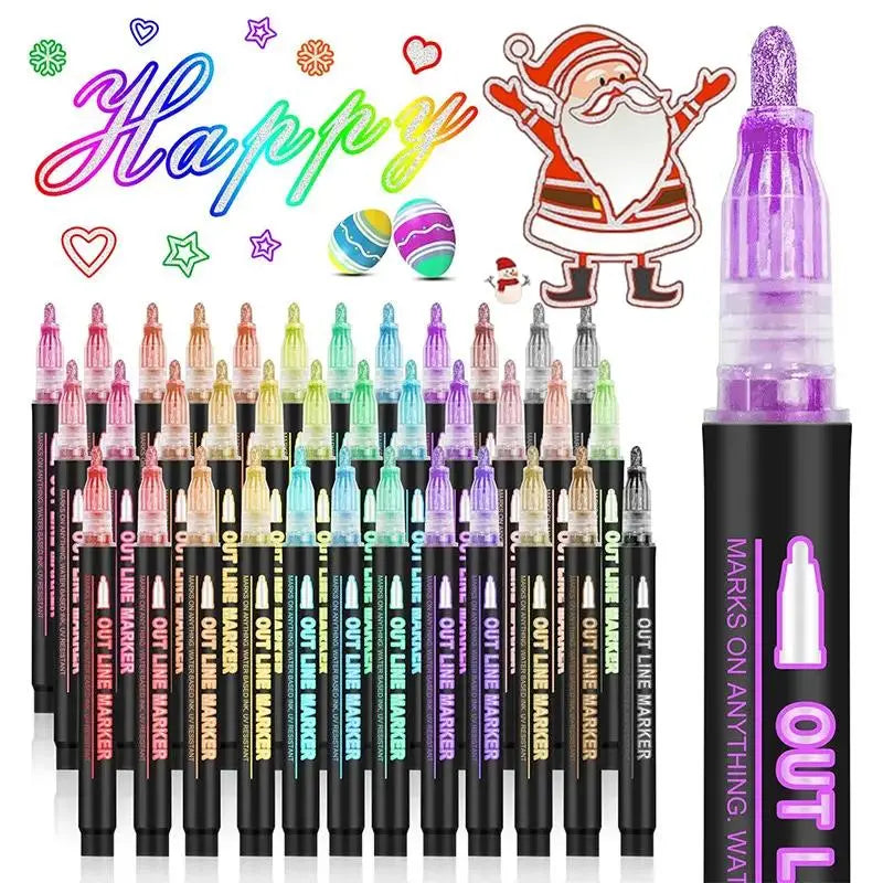 KUBOZN® ⚡Double Outline Glitter Coloring Pen Set – Metallic Art Markers for Creative Drawing